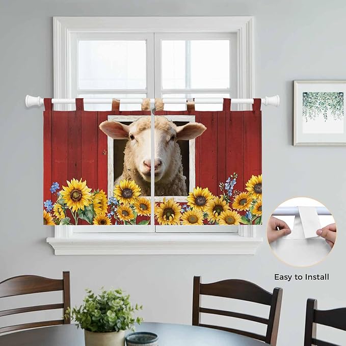 Sheep Sunflower Kitchen Curtains 24 Inch Length, Small Window Curtains Tab Top, Country Red Farm Barn Spring Flowers Light Filtering Short Window Treatments Tier Drapes 27.5"x24" 2 Panel