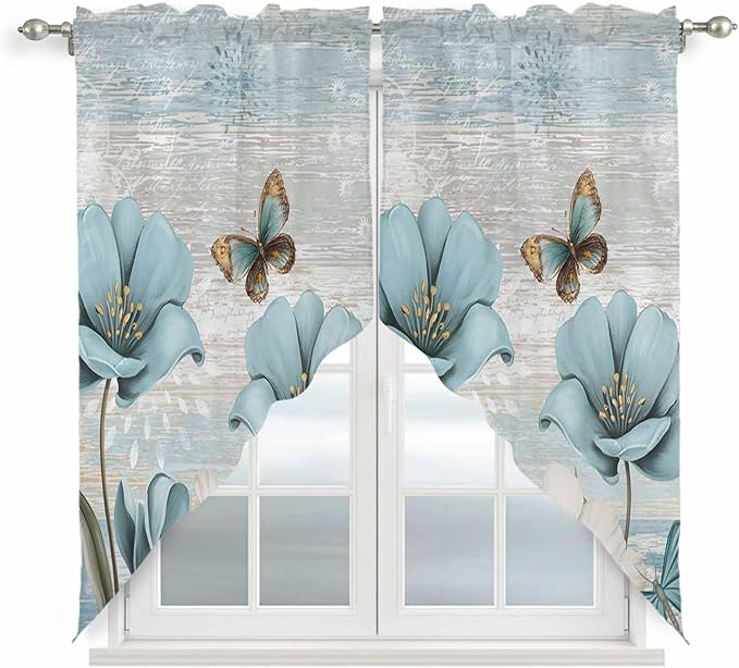 Spring Floral Swag Valances for Windows, Vintage Tulips Flower Butterfly Retro Wood Blue Rod Pocket Kitchen Curtains Valance, Small Window Curtains Swag for Cafe Living Room, 2 Panels, 36x36 inch