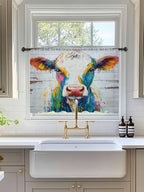 Sheer Curtains 45 Inch Length, Farmhouse Oil Painting Semi Sheer Curtains Light Filtering Window Treatment, Colorful Cow Animal Wooden Grain Privacy Voile Drapes for Living Room Bedroom 52x45 Inch