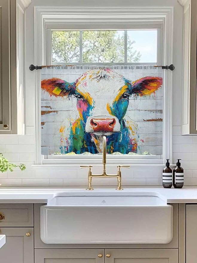 Sheer Curtains 45 Inch Length, Farmhouse Oil Painting Semi Sheer Curtains Light Filtering Window Treatment, Colorful Cow Animal Wooden Grain Privacy Voile Drapes for Living Room Bedroom 52x45 Inch