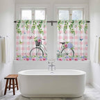 Spring Tier Curtains, Bicycles Leaves Butterfly Flowers Pink Buffalo Plaid Light Filtering Kitchen Curtains, 2Pcs Rod Pocket Half Window Treatments Panels for Sink Cafe Cabinet Basement 27.5x45 Inches