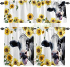 Kitchen Curtains Tiers and Valance Set of 3, Cow Sunflowers Light Filtering Window Curtain Set, Spring Botanical Floral Flowers Animals Rod Pocket Curtain Drapes for Cafe, Living Room, 36 Inches Tiers