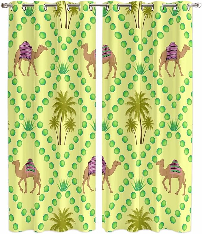 2 Panel Kitchen Cafe Curtains, Desert Sand Camels Sunlight Filtering Nature Air Through, Window Decor Tier Curtains for Living Room 80W x 84L inch Palm Trees Tropical Plants Polka Dot Yellow