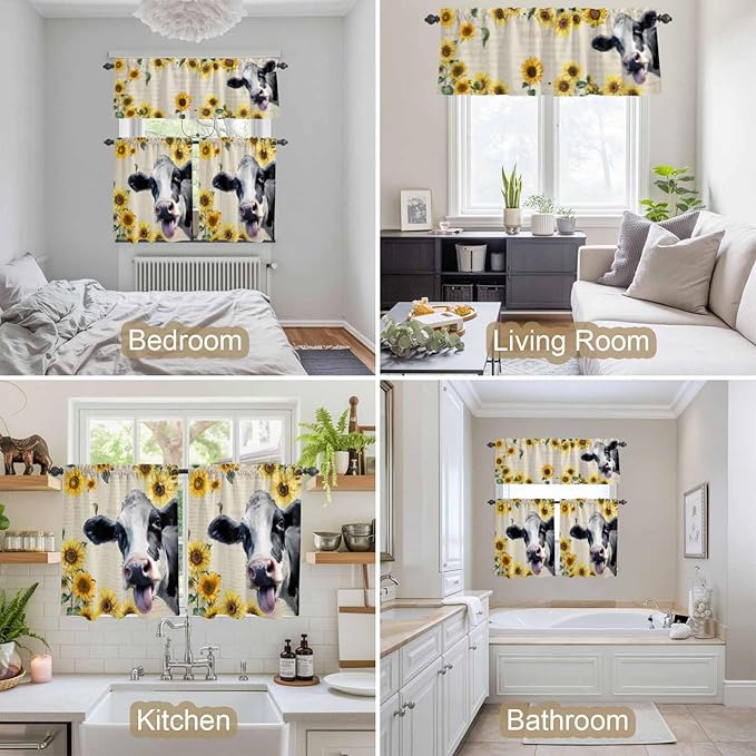 Kitchen Curtains Tiers and Valance Set of 3, Cow Sunflowers Light Filtering Window Curtain Set, Country Vintage Animals Floral Leaves Rod Pocket Curtain Drapes for Cafe, Living Room, 36 Inches Tiers