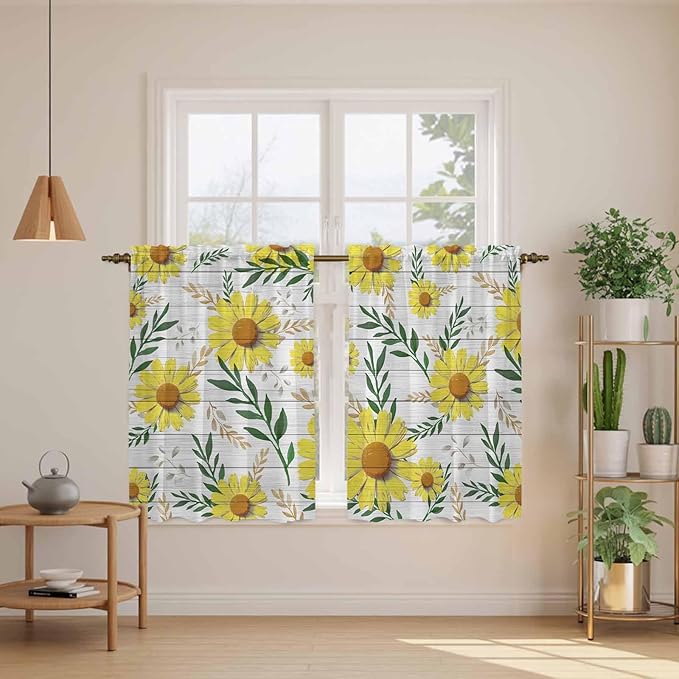 Yellow Daisy Kitchen Curtains, Farmhouse Country Flower Leaf Plant Wood Grain Light Filtering Window Curtain Panels, 2Pcs Rod Pocket Window Treatments Set for RV Dining Room Study Room 42x45 Inches