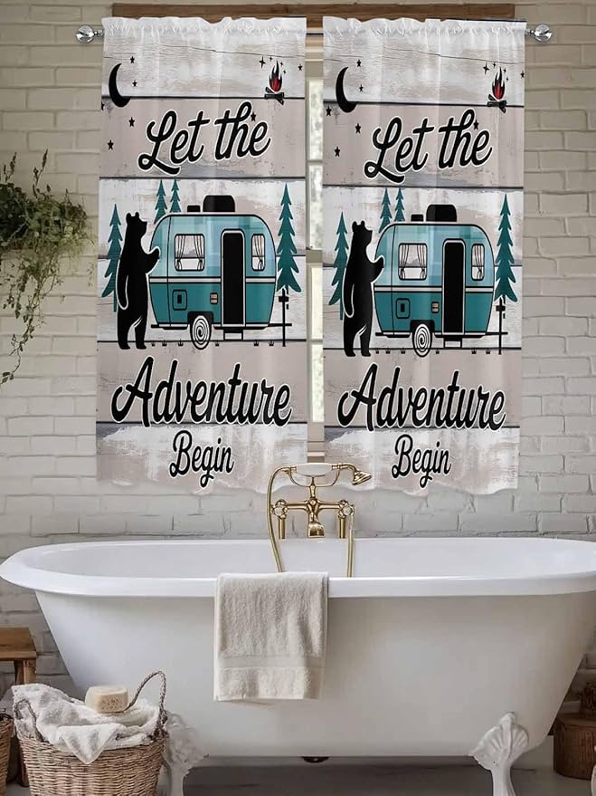 Farmhouse Bear Camper Van Tree Window Valance Curtains, Vintage Wood Grain Light Filtering Kitchen Valance with 3-inch Rod Pocket for Living Room Bathroom Bedroom,2 Panel,42x63In