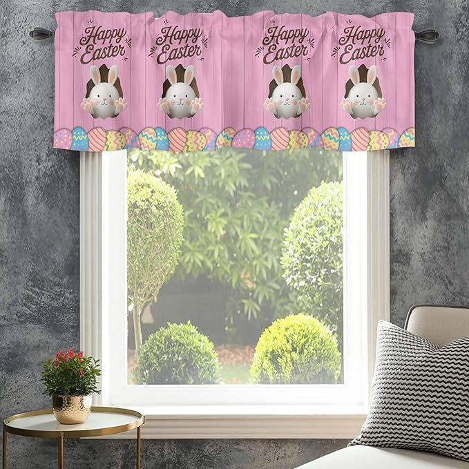 Pink Easter Curtain Valances for Windows, Kitchen Valance Window Treatment, Easter Bunny Eggs Spring Cartoon Farmhouse Wood Grain Light Filter Block Curtains for Bathroom/Bedroom/Living Room 60''x18''