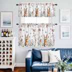 Kitchen Curtains Tiers and Valance Set of 3, Easter Light Filtering Window Curtain Set, Spring Flowers Wreath Rabbit Budding Florals Rod Pocket Curtain Drapes for Cafe, Living Room, 36 Inches Tiers