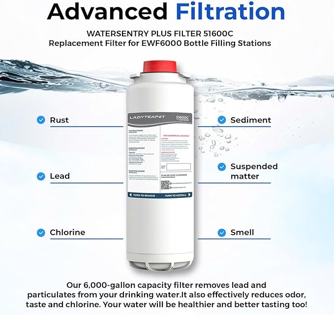 Water Filter Replacement Compatible With Elkay 51600C EWF6000 Bottle Filling Stations, 6000 Gallons/12 Months (No Chip - 1 Pack)