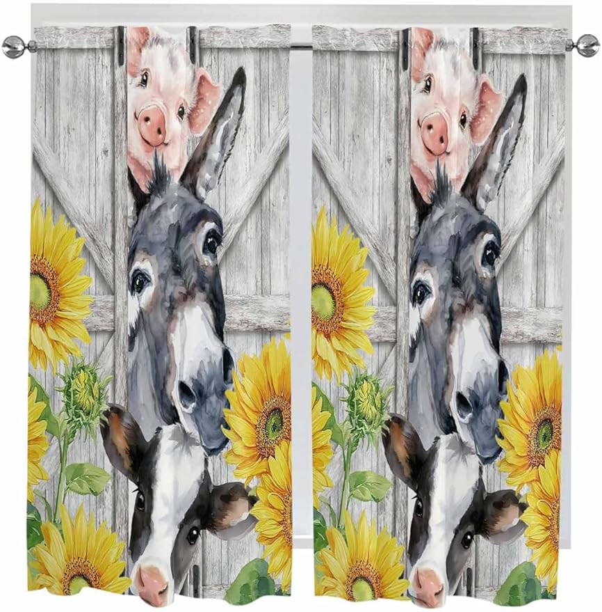 Farmhouse Living Room Curtains 72 Inches length, Watercolor Sunflowers Animals Printed Wood Grain Window Treatment Curtain Drapes, Light Filtering Drapes for Bedroom Laundry Room, 52"x72", 2 Panels