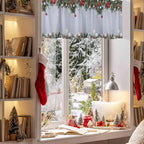 Christmas Curtain Valances for Windows, Kitchen Valance Window Treatment, Winter Xmas Balls Pine Branches Wooden Grain Light Filtering Block Curtains for Bathroom/Bedroom/Living Room 60'' x 18''