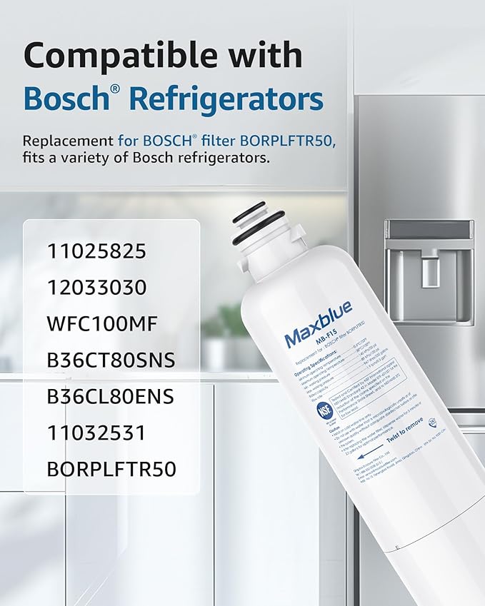 Maxblue BORPLFTR50 Replacement for Bosch® Ultra Clarity® Pro 11032531, 12033030, 11025825, BORPLFTR55, B36CD50SNS, B36CT80SNS, B36CL80ENS, B36FD50SNS, WFC100MF, Refrigerator Water Filter, 3 Filter
