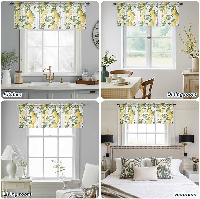 Spring Summer Lemon Sheer Valance Curtains, Leaf Flower White Wood Grain Light Filtering Kitchen Valances Rod Pocket Voile Curtain Window Treatment for Bedroom/Living Room/Basement 42Wx18L