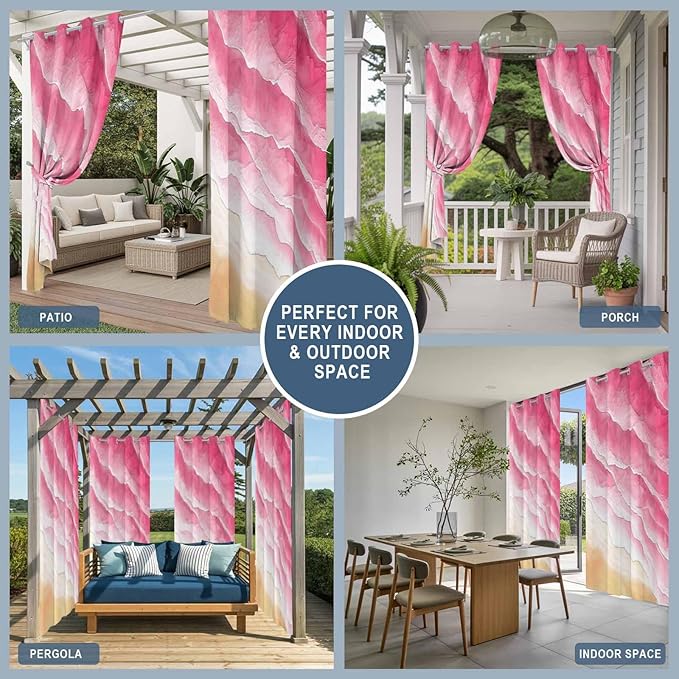 Ocean Outdoor Curtains for Patio Beach Waves Watercolor Abstract Gradient Pink Waterproof Outside Curtains with Grommet Top Weatherproof Curtain for Cabana Pergola Gazebo, 1 Panel, 54" W x 84" L