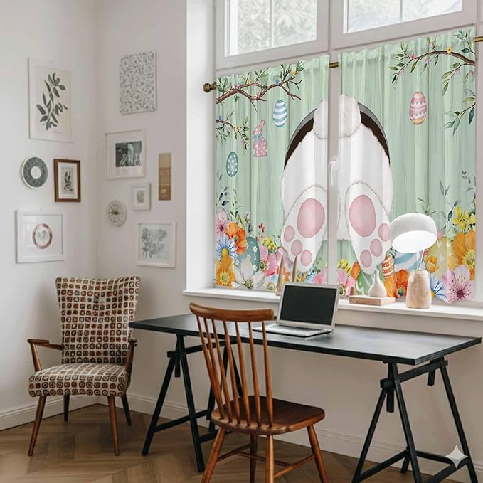 Easter Kitchen Curtains 45 Inch Long 2 Panel Set, Rod Pocket Window Treatment, Spring Watercolor Bunny Eggs Wooden Grain Green Light Filtering Short Curtains & Drapes for Bathroom Laundry 52"W x 45"L