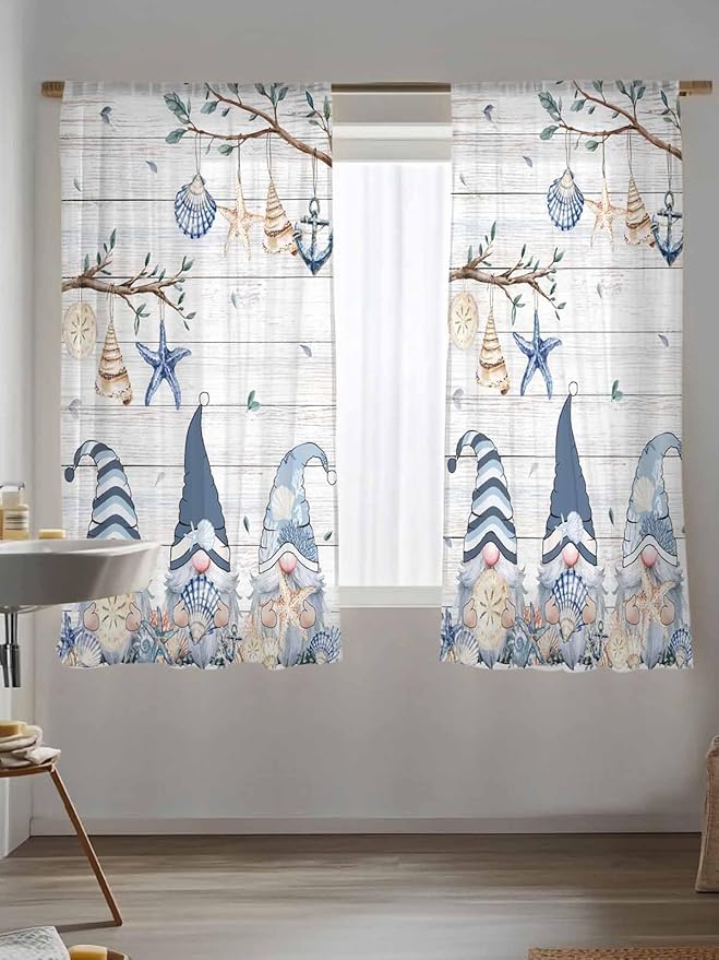 Sheer Curtains 63 Inch Length, Coastal Eucalyptus Semi Sheer Curtains Light Filtering Window Treatment, Ocean Blue Gnomes Starfish Leaf Wood Grain Privacy Voile Drapes for Living Room 52x63 Inch