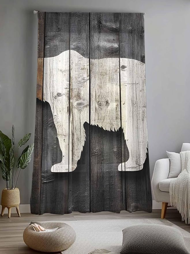 Sheer Curtains 108 Inches Long, Vintage White Brown Bear Semi Sheer Curtains Light Filtering Window Treatment, Retro Country Rustic Wood Grain Privacy Voile Drapes for Living Room Bedroom 52x108 Inch