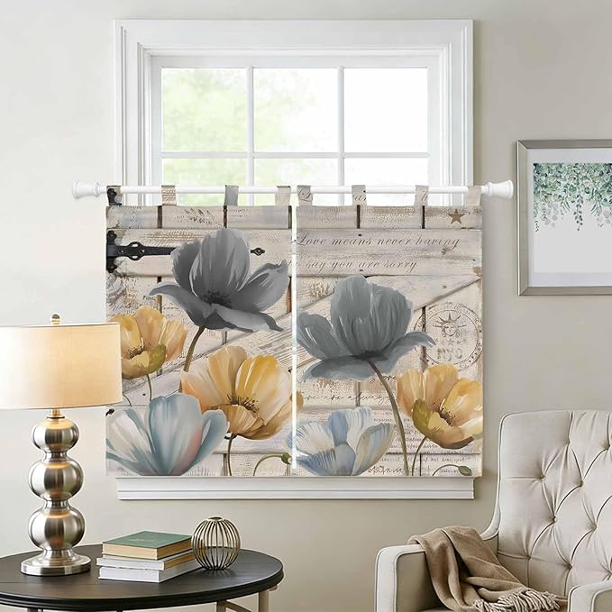 Spring Tulips Flower Kitchen Curtains 45 Inch Length, Short Cafe Window Curtains Tab Top, Vintage Floral Barn Doors Rustic Beige Light Filtering Window Treatments Tier Drapes 27.5"x45" 2 Panel