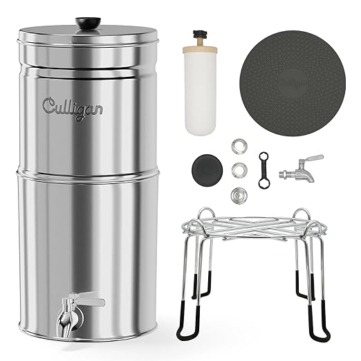 Culligan MaxClear 2.25 Gallon Gravity Water Filter System, Polished Stainless-Steel Countertop Water Filter NSF/ANSI Certified to Reduce Microplastics, Lead & Total PFAS, with 4 Ceramic Filters