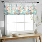 Summer Beach Sheer Valance Curtains, Ocean Colorful Coral Shell Seaweed Starfish Wood Grain Light Filtering Kitchen Valances Rod Pocket Voile Curtain Treatment for Bedroom/Living Room/Basement 54Wx18L
