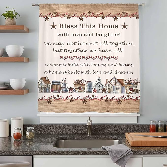 Farmhouse Sheer Curtains 72 Inch Length Country Star Barn Berry Brown Wood Plank Chiffon Curtain for Bedroom Living Room Light Filtering Rod Pocket Window Treatments Voile Curtains Drapes for Dining