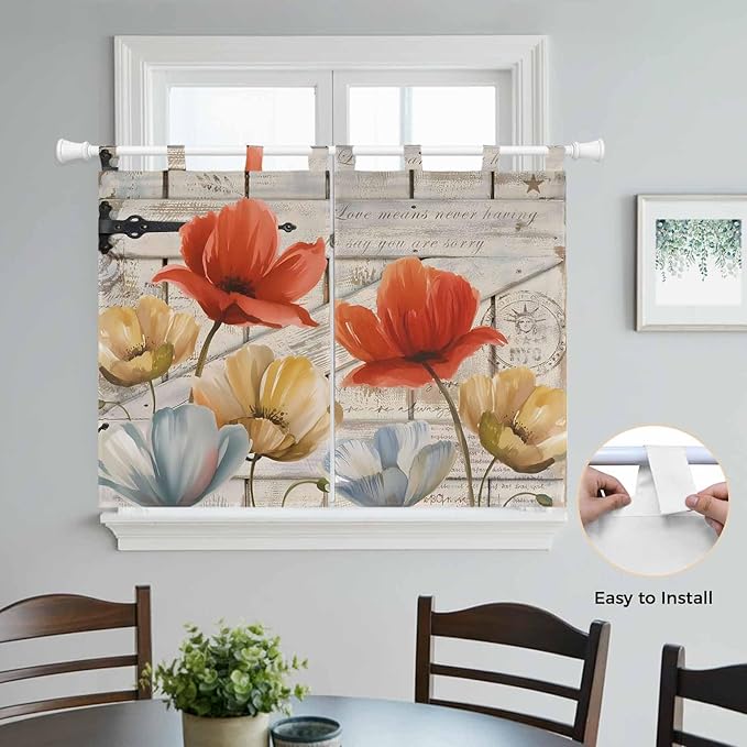 Retro Floral Bedroom Curtains 63 Inch Length, Window Curtains Tab Top, Red Yellow Tulips Barm Doors Farmhouse Wooden Light Filtering Window Treatments Drapes 42"x63" 2 Panel
