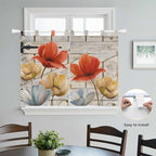 Retro Floral Kitchen Curtains 45 Inch Length, Short Cafe Window Curtains Tab Top, Red Yellow Tulips Barm Doors Farmhouse Wooden Light Filtering Window Treatments Tier Drapes 27.5"x45" 2 Panel