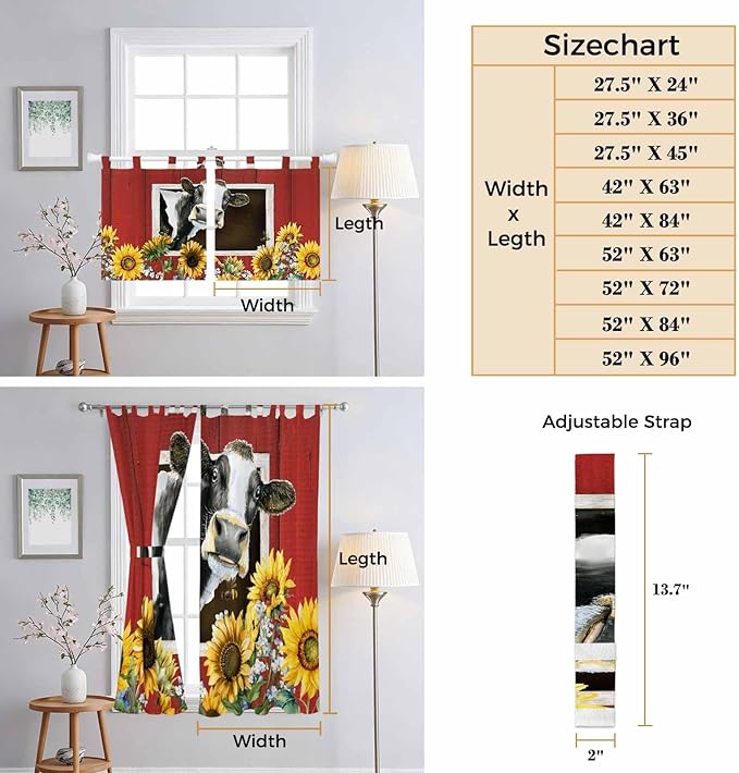 Cows Sunflowers Living Room Curtains 84 Inch Length, Window Curtains Tab Top, Spring Botanical Floral Bees Red Barn Light Filtering Window Treatments Drapes 52"x84" 2 Panel