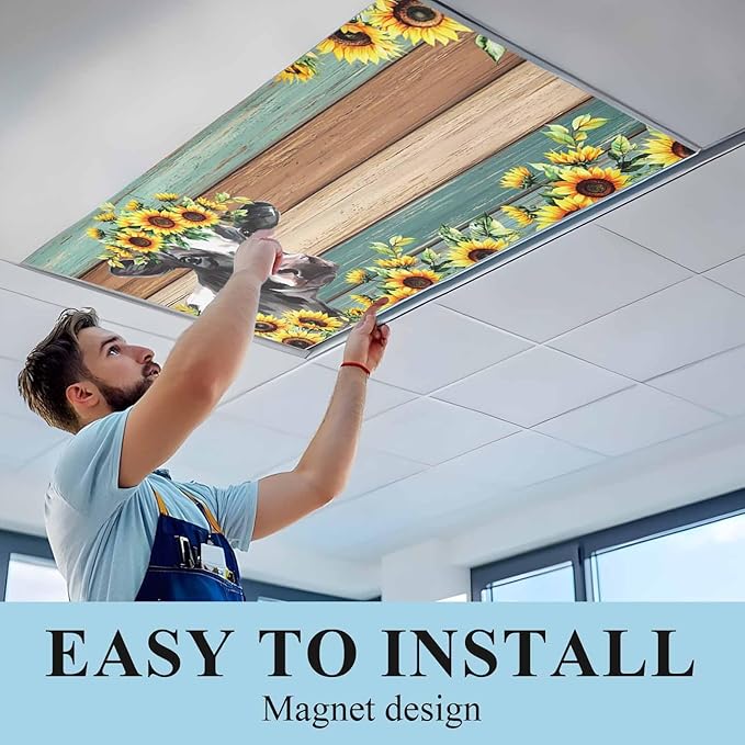Fluorescent Light Covers Farm Cow Sunflower Magnetic Light Filters Vintage Blue Green Wood Grain Ceiling Light Covers for Classroom Office Home Drop Ceiling Lamp Decor 1 Piece