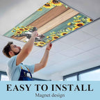 Fluorescent Light Covers Farm Cow Sunflower Magnetic Light Filters Vintage Blue Green Wood Grain Ceiling Light Covers for Classroom Office Home Drop Ceiling Lamp Decor 2 Pieces