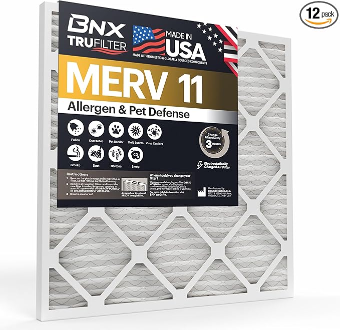 BNX TruFilter 20x24x1 Air Filter MERV 11 (12-Pack) - MADE IN USA - Allergen Defense Electrostatic Pleated Air Conditioner HVAC AC Furnace Filters for Allergies, Dust, Smoke, Allergy MPR 1200 FPR 7