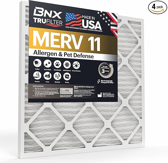 BNX TruFilter 20x24x1 Air Filter MERV 11 (4-Pack) - MADE IN USA - Allergen Defense Electrostatic Pleated Air Conditioner HVAC AC Furnace Filters for Allergies, Dust, Pet, Smoke, Allergy MPR 1200 FPR 7