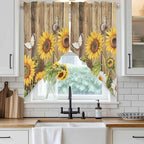 Farmhouse Sunflowers Swag Valances for Windows, Rustic Floral Buttterfly Wood Board Brown Rod Pocket Kitchen Curtains Valance, Kitchen Window Curtains Swag for Cafe Living Room, 2 Panels, 36x45 inch