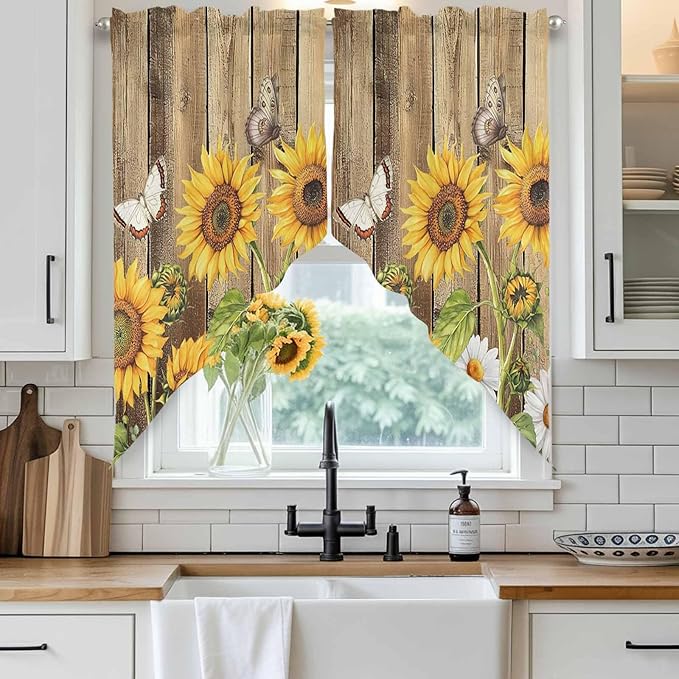 Farmhouse Sunflowers Swag Valances for Windows, Rustic Floral Buttterfly Wood Board Brown Rod Pocket Kitchen Curtains Valance, Kitchen Window Curtains Swag for Cafe Living Room, 2 Panels, 36x63 inch