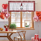 Valentine's Day Valance Curtains for Kitchen, Gnome Red Love Plaid Wood Grain Privacy Rod Pocket Valance Curtain, Light-Filtering Window Treatment for Bedroom Bathroom, 42"x12"