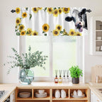 Kitchen Curtains Tiers and Valance Set of 3, Cow Sunflowers Light Filtering Window Curtain Set, Spring Botanical Floral Flowers Animals Rod Pocket Curtain Drapes for Cafe, Living Room, 24 Inches Tiers