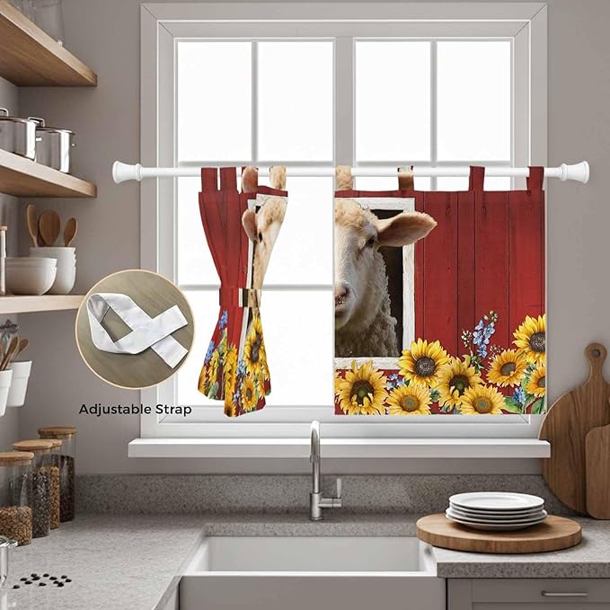 Sheep Sunflower Kitchen Curtains 36 Inch Length, Small Window Curtains Tab Top, Country Red Farm Barn Spring Flowers Light Filtering Short Window Treatments Tier Drapes 27.5"x36" 2 Panel