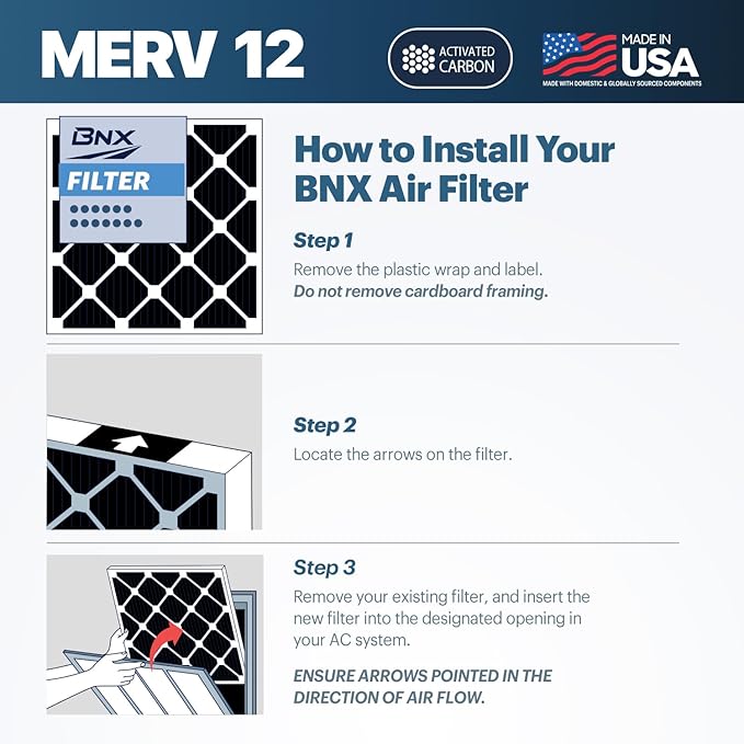 BNX TruFilter 20x25x1 MERV 12 Odor Defense (6-Pack) AC Furnace Air Filter with Activated Carbon - MADE IN USA - Pleated Air Conditioner HVAC AC Furnace Filters - Removes Odor, Mold, Bacteria, Smoke