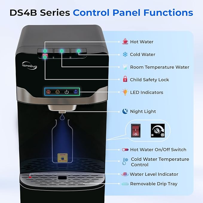 iSpring Bottleless Water Cooler Dispenser with 4-Stage Filtration, SGS-Tested 99% of PFAS, Lead, Chloramine Removal, Hot, Cold, Room Temp, Stainless Steel, Black, Model: DS4B-MAX