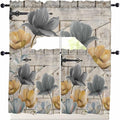 Vintage Tulip Swag Kitchen Curtains Valance and Tier Set, Farmhouse Retro Blue Yellow Grey Flower Barn Door Light-Filtering Swag Valance 24 Inch Length, Rod Pocket Short Curtain for Bedroom Cafe