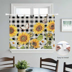 Sunflowers Kitchen Curtains 45 Inch Length, Short Cafe Window Curtains Tab Top, Yellow Flowers Butterfly Farmhouse Black Plaid Light Filtering Window Treatments Tier Drapes 27.5"x45" 2 Panel