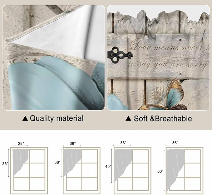 Teal Blue Tulips Swag Valances for Windows, Spring Floral Barn Doors Vintage Wood Beige Rod Pocket Kitchen Curtains Valance, Kitchen Window Curtains Swag for Cafe Living Room, 2 Panels, 36x63 inch