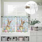 Kitchen Curtains Tiers and Valance Set of 3, Easter Light Filtering Window Curtain Set, Spring Rabbit Eggs Seasonal Flowers Blue Lattice Rod Pocket Curtain Drapes for Living Room, 36 Inches Tiers