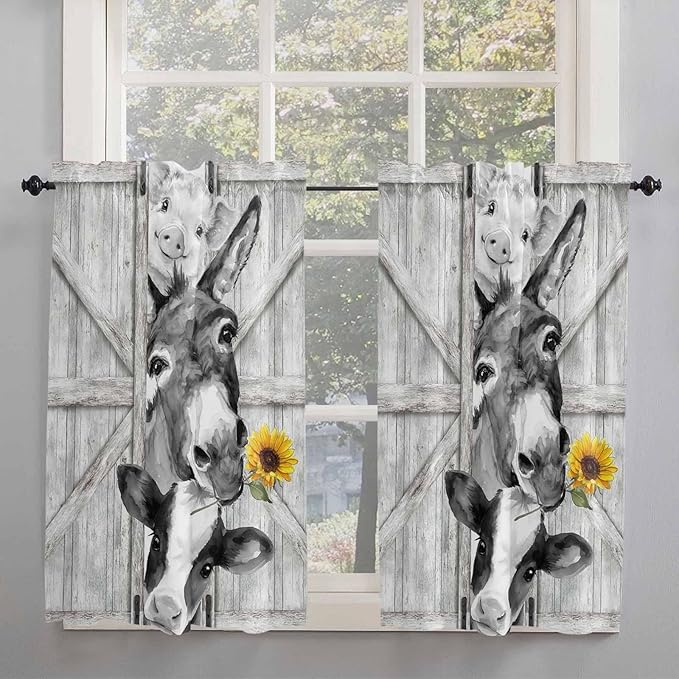 Grey Farmhouse Kitchen Curtains 45 Inches Length, Vintage Sunflowers Animals Printed Window Treatment Curtain Drapes, Lightweight Window Panels for Living Room Bedroom, 52"x45", 2 Panels