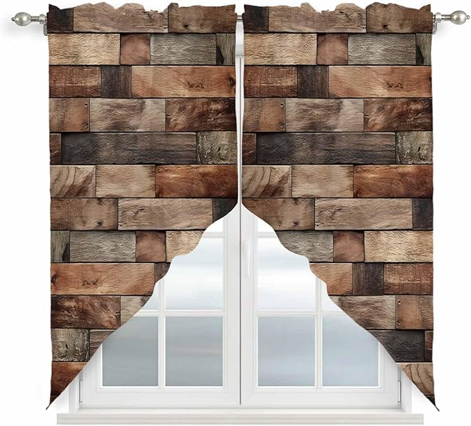 Western Barn Door Swag Valances for Windows, Vintage Farmhouses Wooden Door Brown Rod Pocket Kitchen Curtains Valance, Small Window Curtains Swag for Cafe Bathroom Living Room, 2 Panels, 36x36 inch