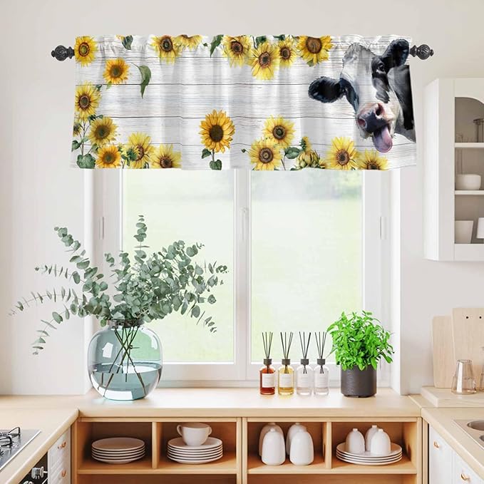 Kitchen Curtains Tiers and Valance Set of 3, Cow Sunflowers Light Filtering Window Curtain Set, Farmhouse Animals Plants Wooden Grain Rod Pocket Curtain Drapes for Cafe, Living Room, 36 Inches Tiers
