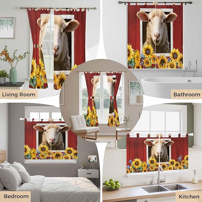 Sheep Sunflower Kitchen Curtains 45 Inch Length, Short Cafe Window Curtains Tab Top, Country Red Farm Barn Spring Flowers Light Filtering Window Treatments Tier Drapes 27.5"x45" 2 Panel