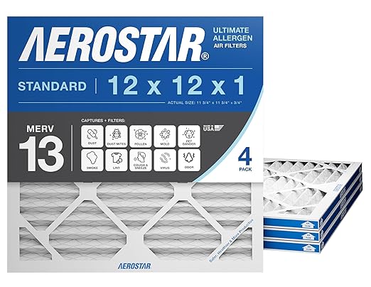 Aerostar 12x12x1 MERV 13 Air Filter, 4 Pack Set of HVAC Furnace Filters, Electrostatic MPR 1500-1900 & FPR 10 (Actual Size: 11 3/4 x 11 3/4 x 3/4 inches)