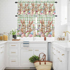 Easter Kitchen Curtains Set 3 Piece for Windows, Rod Pocket Valance and Tier Set 24 Inch Length, Spring Rabbit Eggs Flower Butterfly Green Plaid Light Filtering Cafe Curtains for Living Room Bathroom