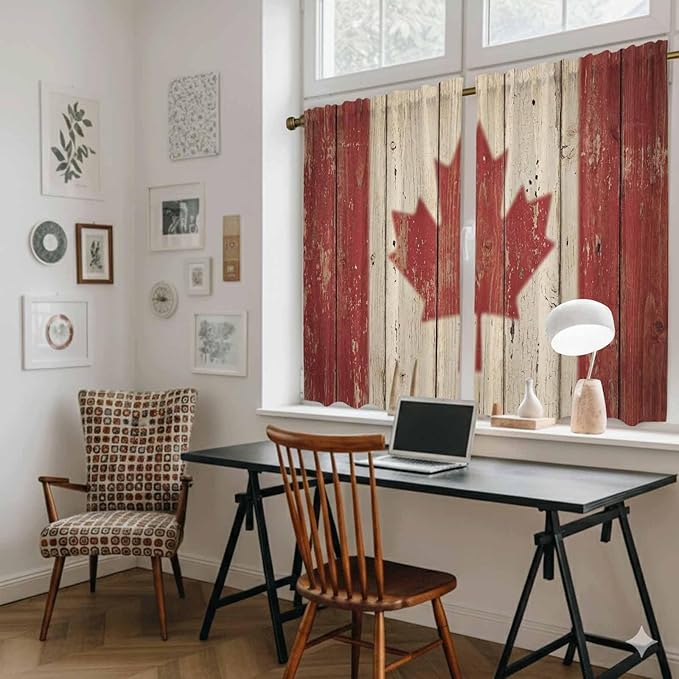 Canada Kitchen Curtains, Red Maple Leaf Flag Vintage Farmhouse Wooden Grain Light Filtering Window Curtain Panels, 2Pcs Rod Pocket Window Treatments Set for RV Dining Room Study Room 42x54 Inches
